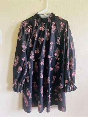Black Floral Smocked Neck Mini Dress with Pink Flowers